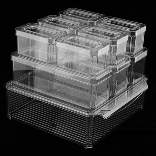 MOUYAT Juego de 10 recipientes de almacenamiento para refrigerador con tapas, cajas de almacenamiento transparentes para refrigerador con malla de drenaje, cajas organizadoras apilables para