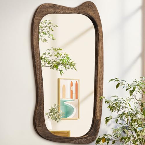 AAZZKANG Espejo de pared grande con marco de madera, espejo de pared irregular vintage de 90 x 60 cm, espejo colgante asimétrico para baño, dormitorio, sala de estar, entrada