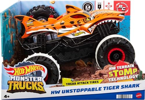 Hot Wheels Monster Trucks Voiture Télecommandé Requin Tigre Inarrêtable avec Pneus Tread Attack et Technologie Terrain Stomp Conduite sur 2 ou 4 Roues Jouet pour Enfant de et Plus HGV87 - vue 6