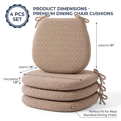 Premium Memory Foam Chair Cushions Set of 4 for Dining Chairs, Ergonomic Seat Cushions with 3D Jacquard Washable Cover, Non-Slip D-Shaped Kitchen Chair Pads with Ties, 16"×16"×1.8" (4, Light Coffee) - image 4