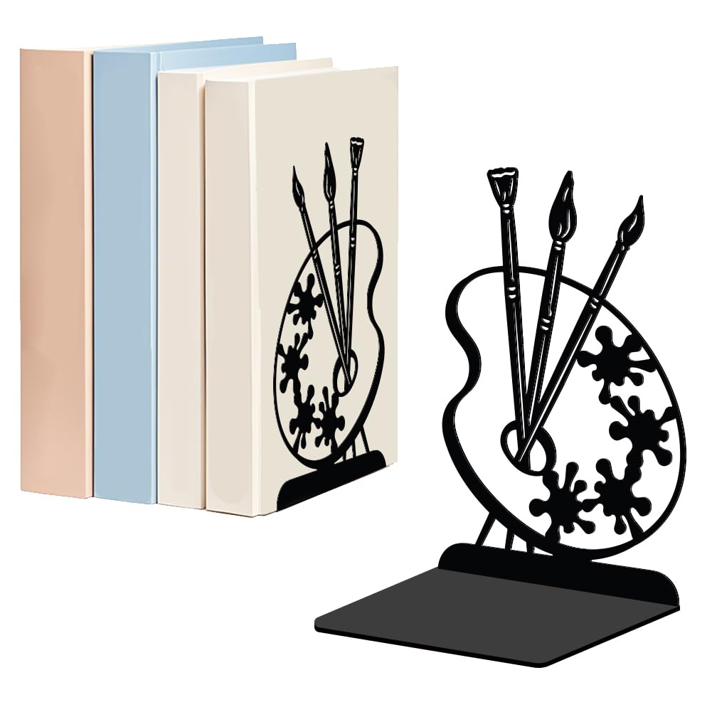 WADORN 1 Pair Painting Palette Metal Decorative Bookend for Shelves, Heavy Duty Book Ends Modern Non-Skid Books Holder Stand Black Book Support Stoppers for Desk Bookshelf Office Home, 5.3x4.3x7.8"