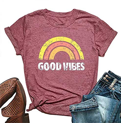 Good Vibes T Shirt for Women Rainbow Print Graphic Tees Short Sleeve Summer Casual Tops Shirts