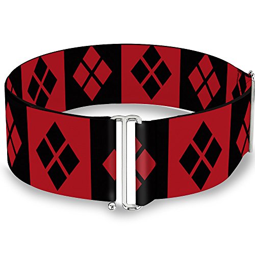 DC Comics Belt, Cinch Belt Harley Quinn Diamond Blocks Red Black Red, 3.0 Inch Wide, Adjustable
