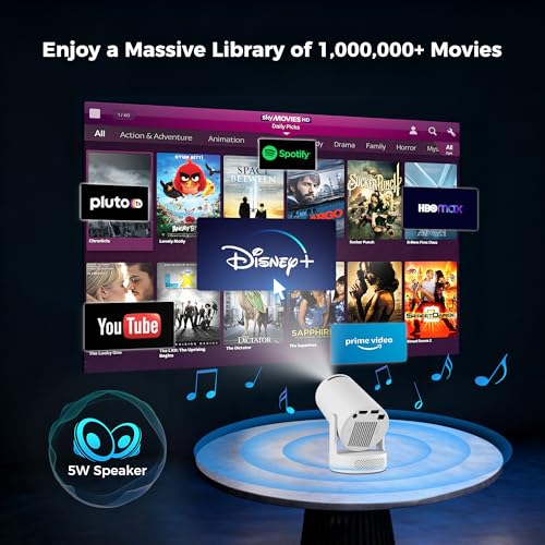 Image of Portable Smart Projector with Android 14, WiFi 6, Bluetooth 5.4 and 180 Stand, HD Mini Projector for Bedroom, Ceiling Projection, Home Theater and Outdoor Movies