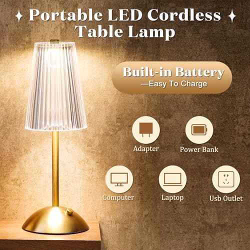Image of Liliful 2 Pcs Cordless Table Lamp Rechargeable Touch LED Small Gold Portable Battery Operated USB-c Desk Lamp 3 Color Dimmable for Bedroom Living Room Dining (Gold,Small Stripes)