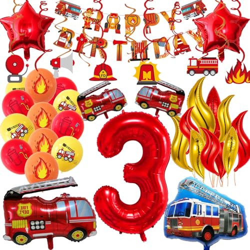 Décoration d'anniversaire pour enfants Pompiers, 3 ans, 42 pièces, inclure bannière, Ballons numérotés，Ballon camion de pompiers, ballons imprimés,...