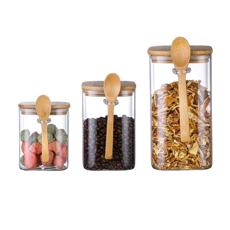 WITOP Set of 3 Square Glass Food Storage Containers With Bamboo Lids
