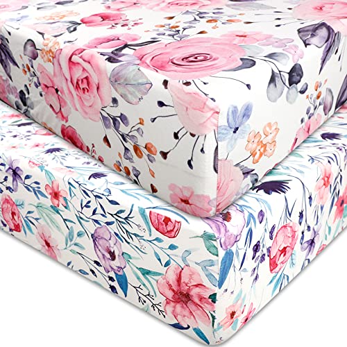 Image of Floral Crib Sheets for Baby Girls 2 Pack, Fits Standard Nursery Crib Mattress & Toddler Bed Mattress 28x 52, Soft Stretchy Snug Neutral Baby Crib Fitted Sheets