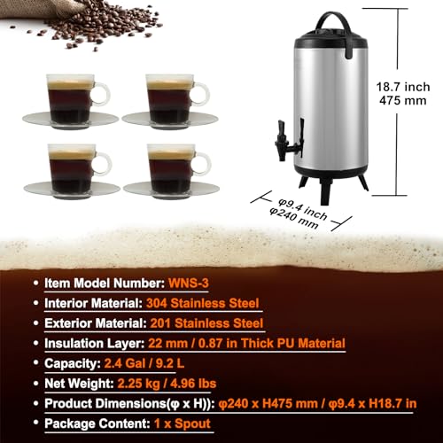 Image of VEVOR Stainless Steel Insulated Beverage Dispenser, 2.4 Gallon 9.2 Liter, Thermal Hot and Cold Drink Server Dispenser with Spigot Handle, Food-grade for Hot Tea Coffee Water Restaurant Drink Shop