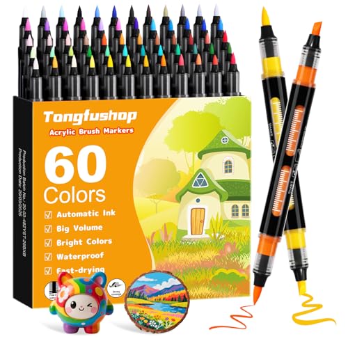 Tongfushop 60 Colores Rotuladores Acrilicos, Marcadores Acrilicos Doble Punta, Rotuladores de Pintura Acrílica para Adultos, Acrylic Markers para Pintar, Roca, Cristal, Cerámica, Plastico, Tela, Metal