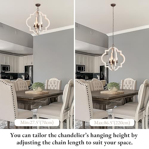 LALUZ Farmhouse White Wood Chandelier, Rustic 4-Light Distressed Pendant Light with Rust Brown Metal Frame, French Country Lighting Fixtures Adjustable Height for Dining Room, Kitchen Island, Foyer by LALUZ - Image 6