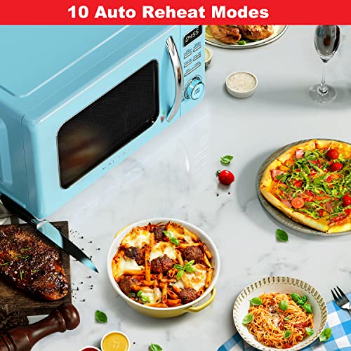 Image of Galanz GLCMKZ11BER10 Retro Countertop Microwave Oven with Auto Cook & Reheat, Defrost, Quick Start Functions, Easy Clean with Glass Turntable, Pull Handle, 1.1 cu ft, Blue