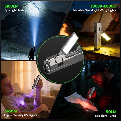 Image of Wurkkos HD05 Flat EDC Flashlight, 3100 Lumens 4-in-1 LED Rechargeable Flashlight with UV, Red Light & Foldable Rotatable Side Light, USB-C High Lumens Flashlights, IPX6 for Camping,Outdoor,Work