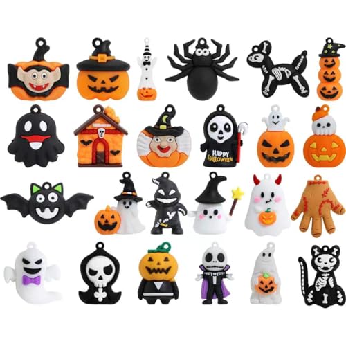 24Pcs Halloween Mini Figurines-Spooky Cute Ghost Pumpkin Skeleton Witch Bat Spider Classic Collectible Dolls Figurines for Trick or Treat Gifts DIY Craft Accessories Hanging Tree Home Decor