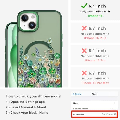 Image of Magnetic for iPhone 15 Case with for Women Girls, Green Floral | Pretty Oil Painting Flower Pattern Design [Compatible with MagSafe] Shockproof Slim Translucent Matte Non-Slip Cover