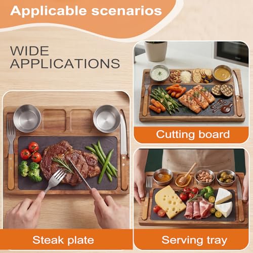 Set 2 Platos de Acacia y Pizarra para Carne con Cuchillo y Tenedor miniatura 6