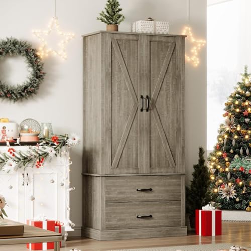 GarveeHome Kitchen Pantry Cabinet, Farmhouse Storage Cabinet with Barn Doors, Drawers and Adjustable Shelves, Versatile Storage for Kitchen, Dining Room, Rustic Grey