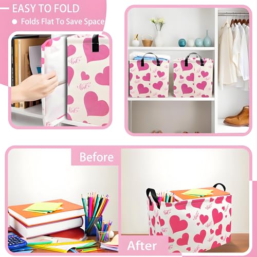Image of Pink Valentines Day Basket for Kids Heart Shaped Storage Box for Gifts Empty Fabric Storage Bins Rectangular Toy Organizer with Handles Room Decor (Large Love)
