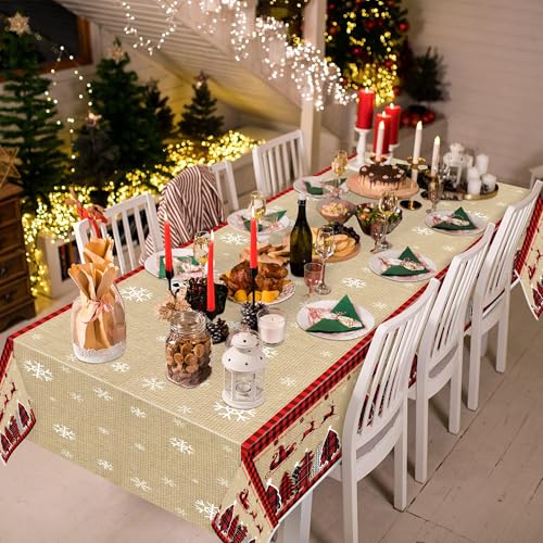 Image of Christmas Plastic Table Cover - 3 Pack Merry Christmas Buffalo Plaid Disposable Waterproof Plastic Rectangle Xmas Table Cloth Winter Holiday Party Picnic Decoration Supplies Indoor Outdoor