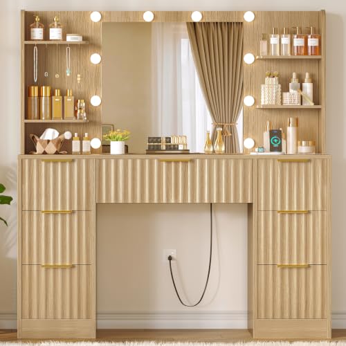 Image of FIONESO Fluted Vanity Desk with Mirror and Adjustable LED Lights & Power Outlet, Makeup Vanity Desk with 7 Drawers,4 Shelves and 5 Hooks, Vanity for Girls, Natural Oak