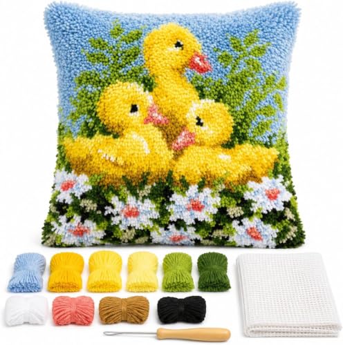 Image of clubevy DIY Latch Hook Kits Pillow Case Embroidery Carpet Set Needlework Pillow Cover Sofa Cushion Cover Craft Kits 17x17 inch (4159ducks)