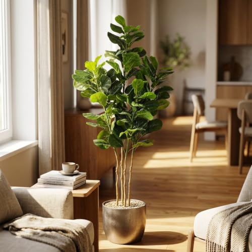 Image of ARICK DECOR 6Ft Artificial Fiddle Leaf Fig Tree in Pot, 180cm Realistic Faux Lush Green Silk Leaf Plant, Peacock Shaped Large Floor Decor for Home, Office & Balcony with Black Pot