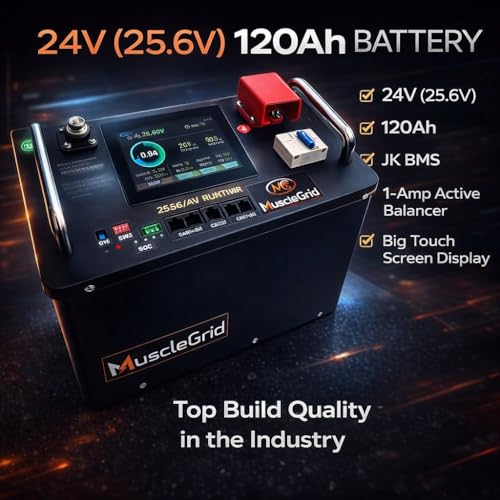 Image of MuscleGrid Thunder Pro 24V 120AH LiFePO4 Smart Battery, Heavy Duty, with Display Screen and Active Balancing (25.6, Volts)