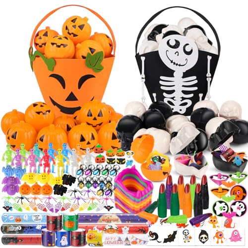 AmyBenton Regalos de Halloween para niños, 170 unidades, regalos de Halloween con 24 cajas de calabazas y calaveras rellenables, fiesta de Halloween, pequeños juguetes para relleno de piñata de