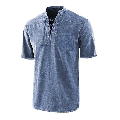RUMAOZIA T-shirts rétro à lacets en coton pour homme - T-shirt d'affaires - Col en V - Style médiéval - Rétro - Avec lacets - Décontracté - Style médiéval - Vintage, bleu, 5XL