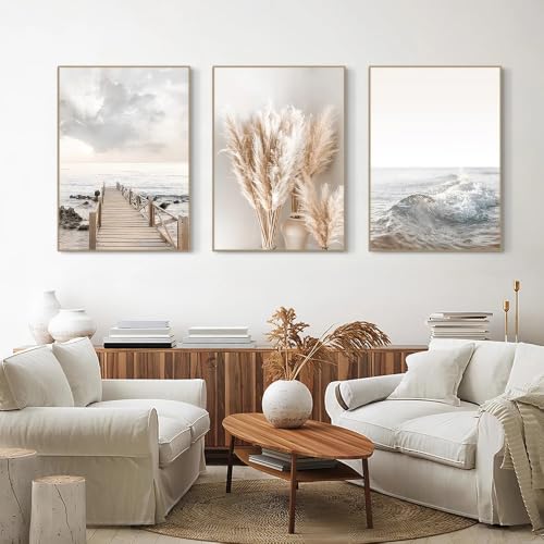 Tableau sur toile paysage marin : triptyque plage nordique et pampa pour salon chic (40x60 cm)