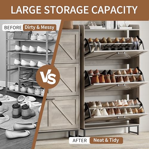 Image of Shoe Cabinet with 3 Flip Drawers, Freestanding Hidden Shoe Storage Organizer for Entryway, Narrow Slim Shoe Rack Cabinet with Open Storage & Hooks for Front Door Entrance, Living Room, Hallway, Grey