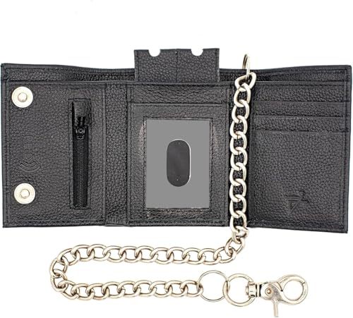 Chain Wallets for men Biker Chains Top-Grain Cow Leather Trifold Wallet With Chain RFID-Safe Snake Texture, Durable Wallet Leather Wallets Design In USA (J110-WC, Black)