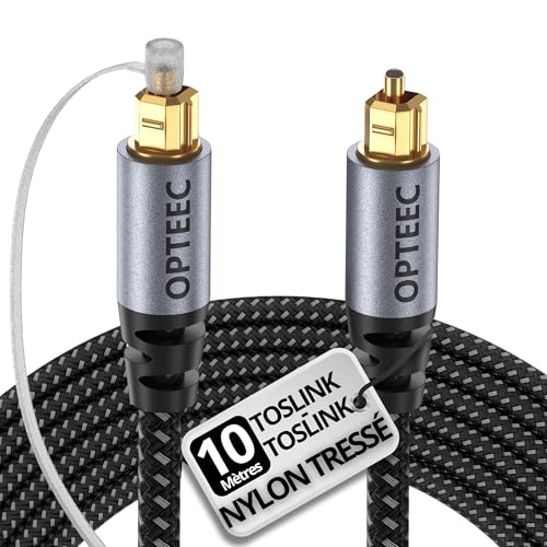 opteec® - Câble Optique Audio - 10M - Câble Optique Audio Toslink pour HOME CINEMA, BARRE DE SON, TV, SAMSUNG, BOSE, LG, SONY, SONOS, PS4, XBOX - Nylon Tressé Renforcé - Connecteur Plaqué Or (10M)