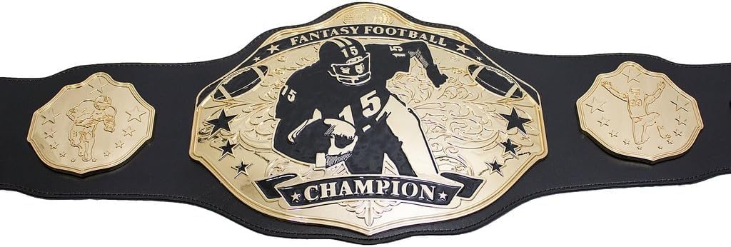 Fantasy Football Championship Belt Trophy with Stiff Arm Design, Gold and Black, Adjustable Adult Size, Heavyweight Title Belt for League Winner