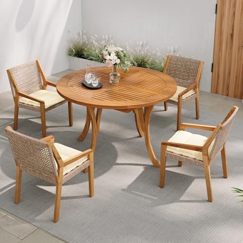 5 Piece Round Outdoor Dining Set for Stylish Patio Gatherings 9 Christopher Knight Home Verle Wooden Patio Dining Set for 4, Acacia Wood Outdoor Dining Table Set for 4, 5 Piece Outdoor Dining Set with Round Table and Armchair with Seat Cushion, Teak+Beige