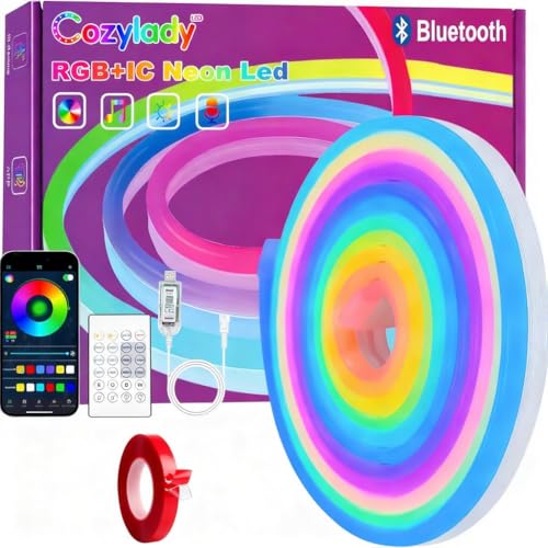 USB Neon Rope Lights 2m Cozylady,Waterproof 10ft RGB+IC LED Rainbow Lights with Bluetooth App/Remote Control,Music Sync,Running Effect Neon Strip Light for Bedroom Gaming Wall Decor Outdoor