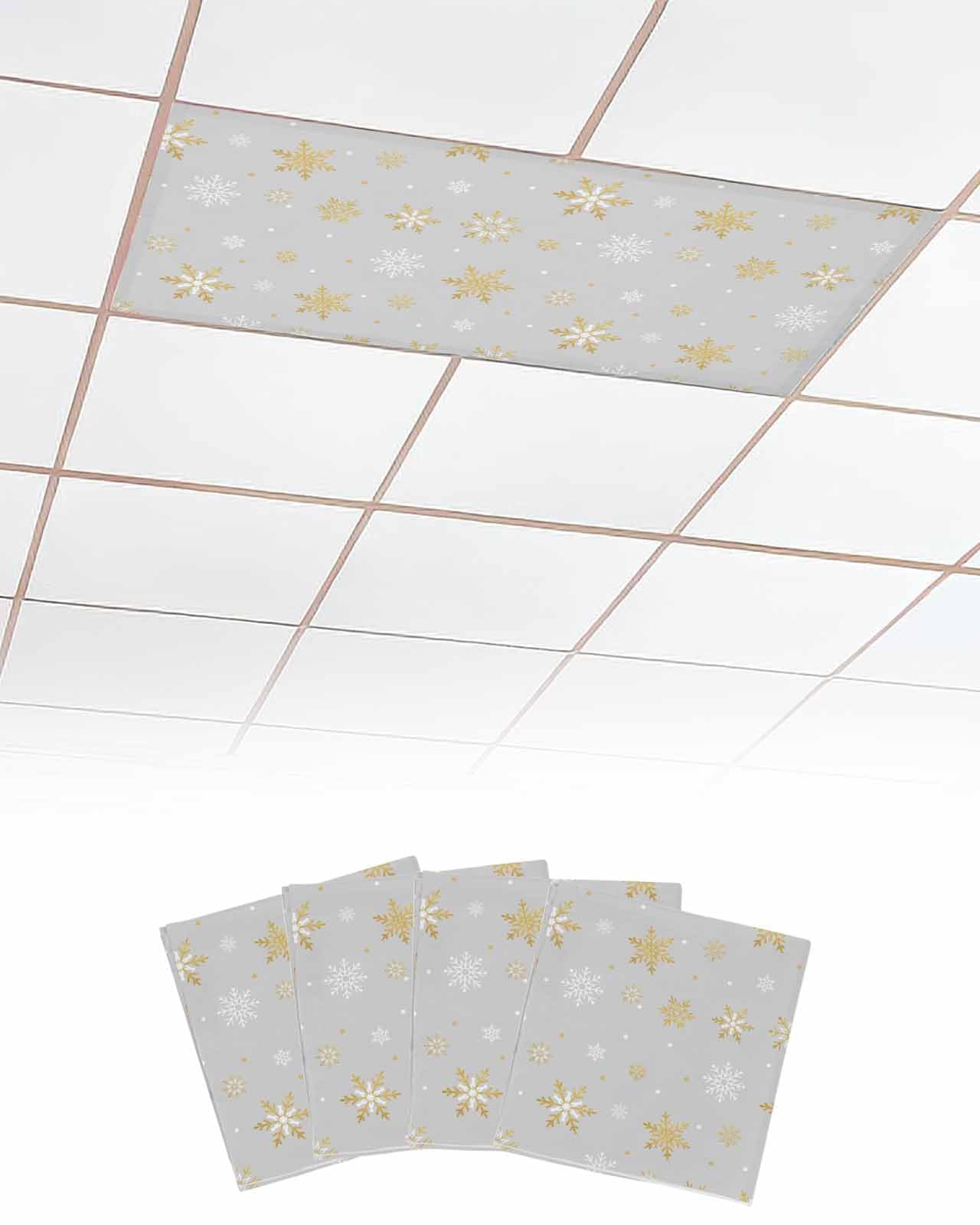 EwdeWwo Christmas 4 Pcs Fluorescent Light Covers for Ceiling Lights, Winter Gold and White Snowflake Gray Magnetic Light Filters for Eliminate Harsh Glare Classroom Office Decoration, 4 x 2 Ft