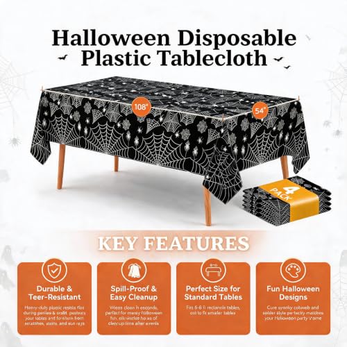 Image of Halloween Tablecloth Plastic Black Spider Web Disposable Table Cover
