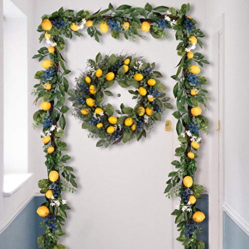 Valery Madelyn 24 Inch Lemon Wreath For Front Door, Spring Summer Fruit Wreath With Yellow Lemon, Blueberry And Artificial Green Leaves For Kicthen Centerpiece Window Indoor Outdoor Home Decoration #TOP6