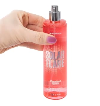 4 bottle Fragrances spray solar flare hair & body mist 1-sunset samba 2- sun-kissed tropics 3-carnival spirit 4-brazilian caramel dreams sweet scents.set of 4 & 7oz each bottle.