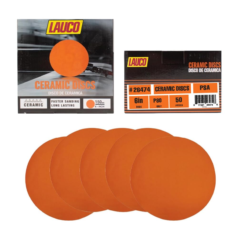 6” Premium Ceramic Orange PSA Discs - 80 Grit (Box of 50) - No Hole, self Adhesive Random Orbital Sander Discs for Sanding Polishing on Fiberglass, Metal, Wood (GRIT 80) 26474