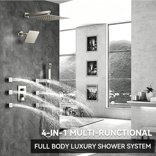 Image of Shower System Brushed Nickel Dual Shower Head with Body Jets, Oupukle Four Modes Shower Faucet Set Wall Mounted 12 inch & 6 inch Rain Shower Head with 6PCS Body Jets