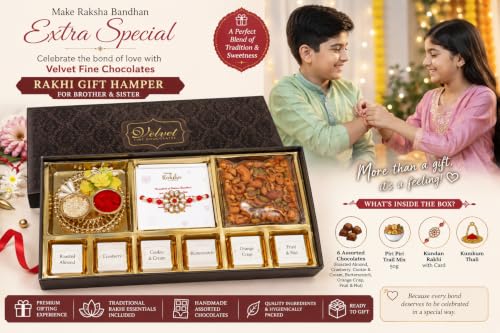 Image of VELVET FINE CHOCOLATES Gift Hamper for Brother & Sister with 6 Assorted Chocolates, Piri Piri Trail Mix 50g, Kundan Rakhi with Card & Kumkum Thali | Raksha Bandhan Gift Box | Handpicked Gift