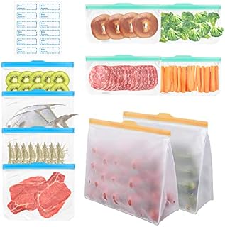 Exllena Silicone Reusable Freezer Bags, Reusable Sandwich Bags BPA Free for Food Storage, 2 Stand Up Bags Included, Eco-Friendly and Leakproof Ziplock Bags with Triple Zip Closures-10 Packs