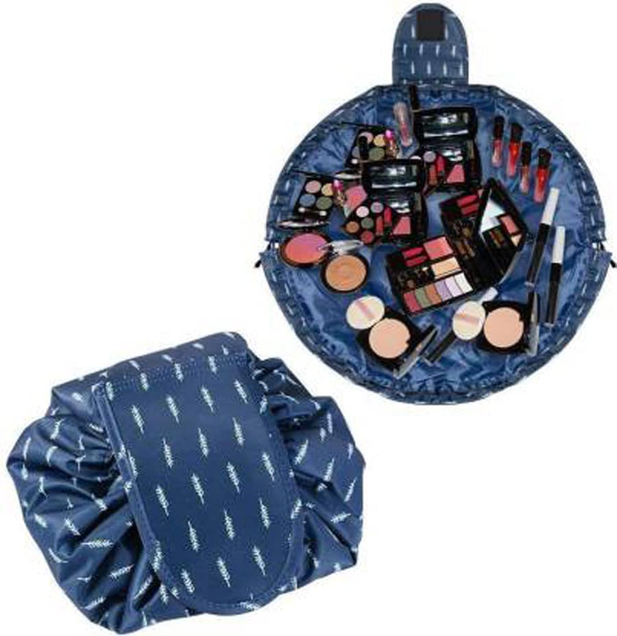 Favria Portable Drawstring Makeup Bag, Drawstring Cosmetic Bag Large Capacity Lazy Travel Makeup Pouch Magic Toiletry Bag for Womens Girls (Blue Leafe)