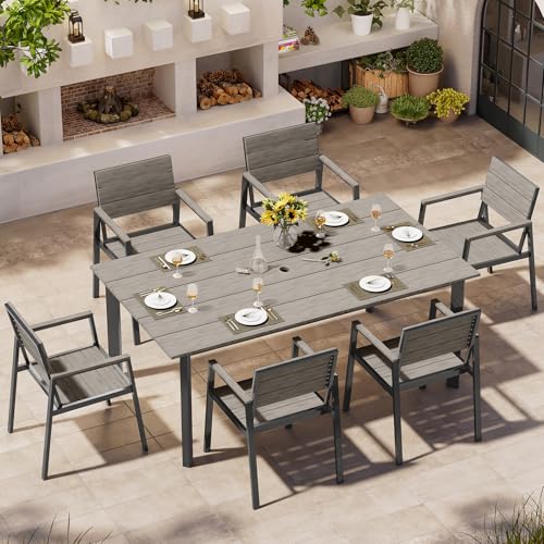 Image of Outdoor Dining Set, Patio Table and Chairs Set with Umbrella Hole, 7 Pieces HDPS + Aluminum Patio Dining Furniture Set for Backyard, Garden (Gray)