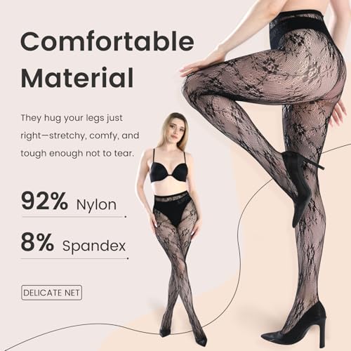 SERAPHY Patterned Tights for Women Black White Lace Tights Floral Fishnet Stockings Pattern Pantyhose Leggings for Halloween2