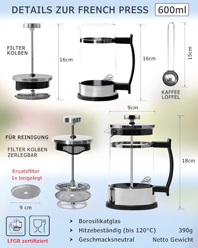 Foto von Pro@Home43® French Press 0,6 L aus Glas & Edelstahl – Kaffeebereiter Set mit Ersatzfilter & Kaffeelöffel – manuelle Kaffeemaschine für Tee & Kaffee – auch in 0,35 L verfügbar