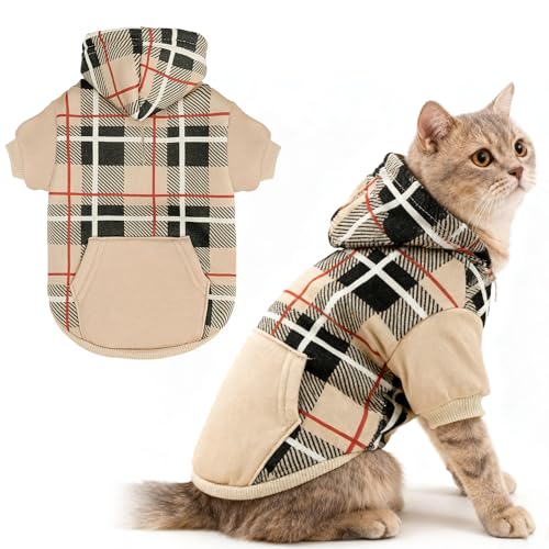 EXPAWLORER Plaid Cat Hoodie – British Style Warm Cat Sweater Shirt with Leash Hole,Pet Clothes Outfits,Winter Coat Apparel for Puppy Cats Girl Boy-Kitten Apparel,Beige M
