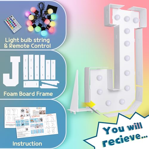 Image of Imprsv Colorful Marquee Letters 4 Feet Tall, Large Light up Letters J | RGB with Remote, Birthday Party Decorations Anniversary Wedding Decorations Assembly Required 21 Pcs Accessory Set